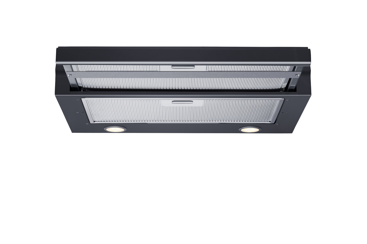 20 inch wide under cabinet retractable range hood for ductless use in black, made in the USA with power cord included